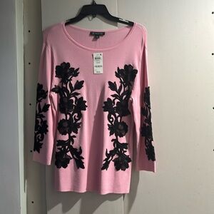 Inc long sleeve embroidered polyester blend top